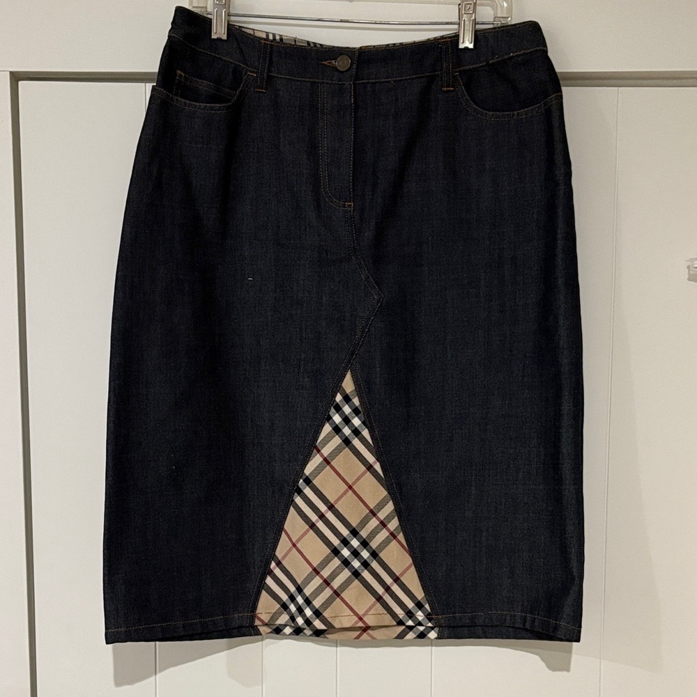 Burberry Denim Pencil Skirt with Plaid Accent